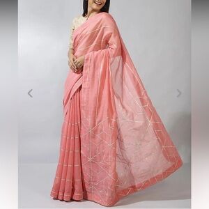 Fabindia silk cotton Indian Pakistani Elegant Pink Saree with Gota Patti Pattern